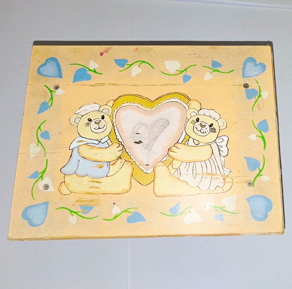 Vintage Hand Painted Wooden Child Step Stool Teddy Bear Heart Folk Art 1980s-90